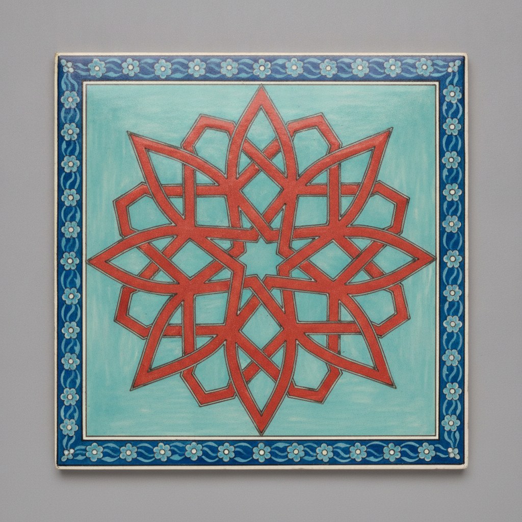 Turkuaz ve mercan kırmızısı geometrik yıldız motifli çini pano örneği
